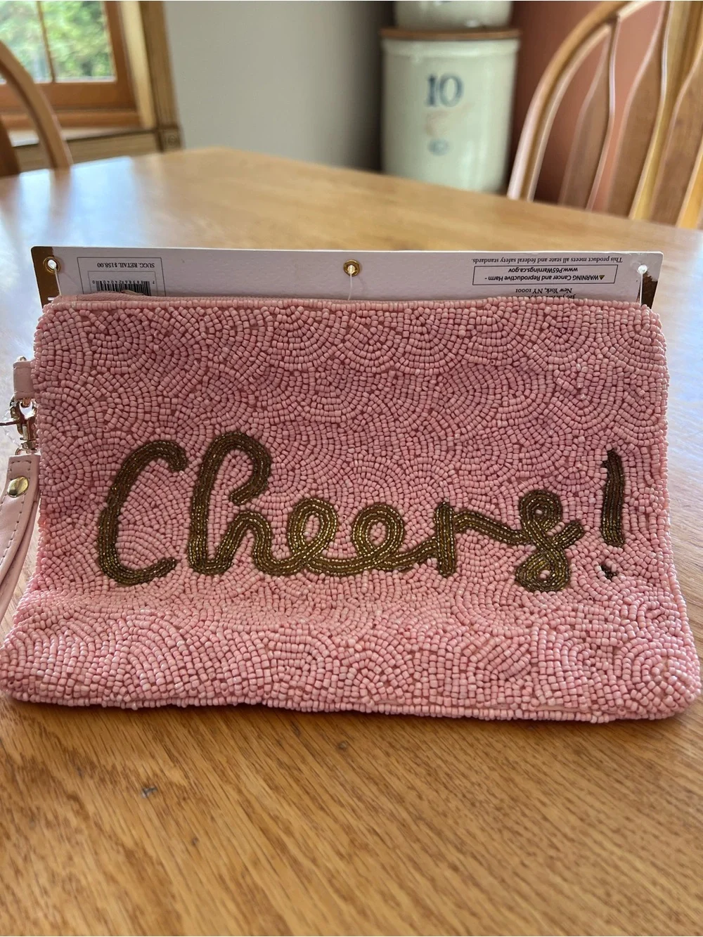 Cheers! Pink Beaded Wristlet Clutch Purse or makeup bag.